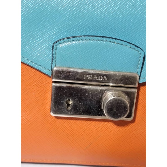 Authentic Prada Saffiano Sound Lock Pochette Shoulder Bag Orange/Blue - Picture 10 of 16